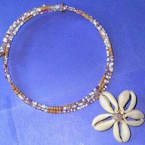 Cowrie Shells Flower Pendant, Beaded Choker Necklace